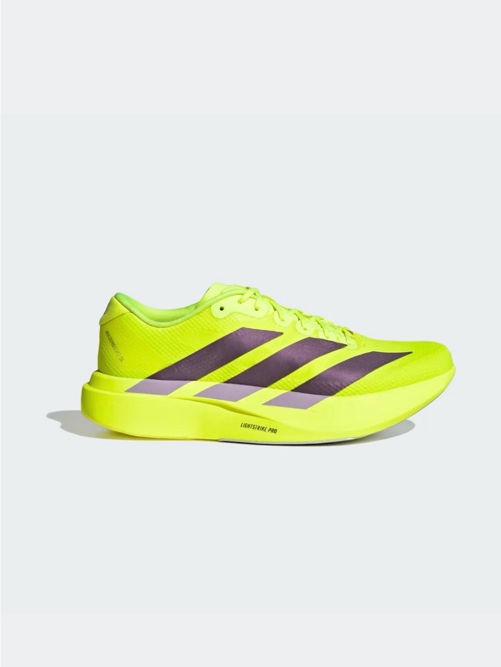Adidas Evo SL Lightstrike Pro Neon Yellow Running Shoes with Purple Stripes